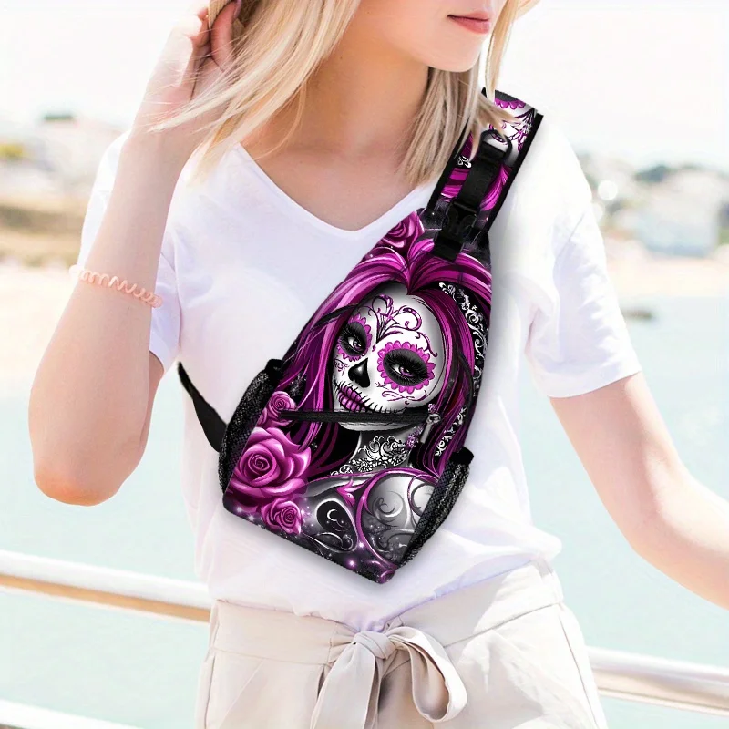 Purple Skull Crossbody Bag for Men & Women - Adjustable Strap, Casual Sling Backpack for Outdoor Hiking & Travel, Durable