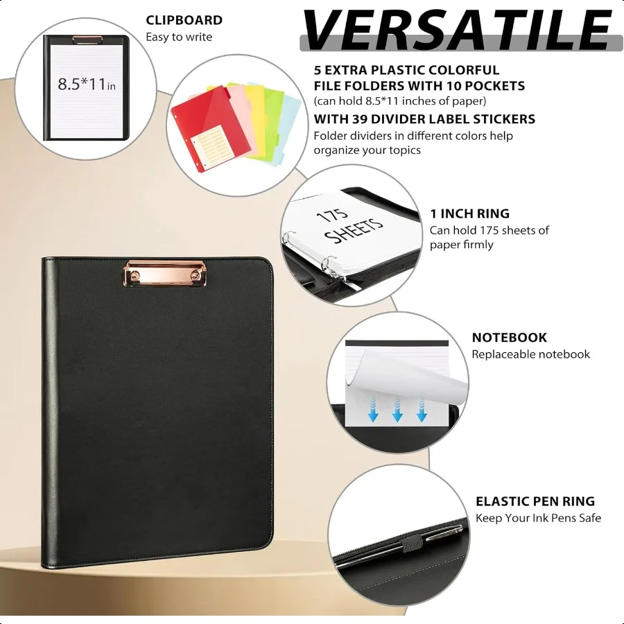 Portafoglio Padfolio in pelle con cerniera portaoggetti per appunti Organizzatore di documenti con raccoglitore a 3 anelli da 1 pollice con blocco note 5 divisori con 1