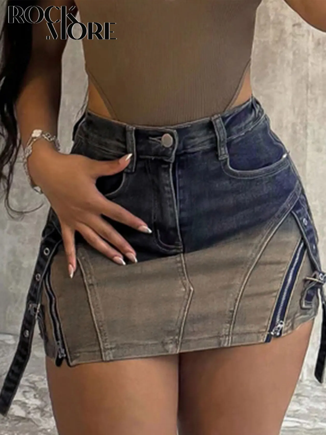 

Rockmore Y2k Patchwork Zipper Hip Cargo Skirt Aesthetic Sexy Denim Mini Skirts Casual Vintage 2000s Clothes for Women Coquette