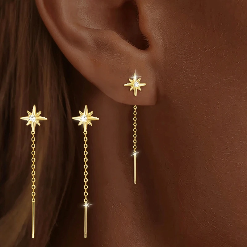 Star Tassel Ear Line Set 2 Pairs, Gold + Silver Women's Earrings, Exquisite Stainless Steel, Versatile for Many Occasions