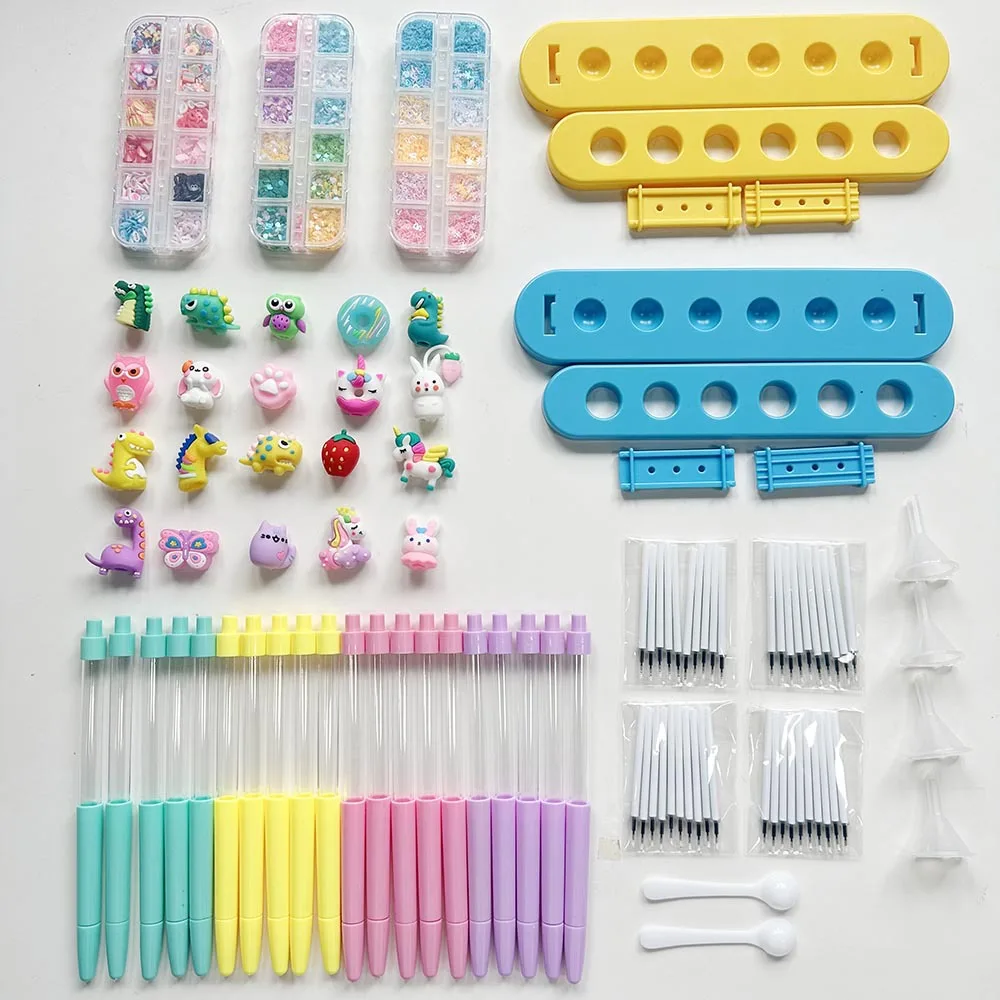 DIY 글리터 펜 만들기 키트 어린이 공예 용품 80+개 수제 미술 세트 16개 펜 만드기 만화 장식 생일 선물 소녀용