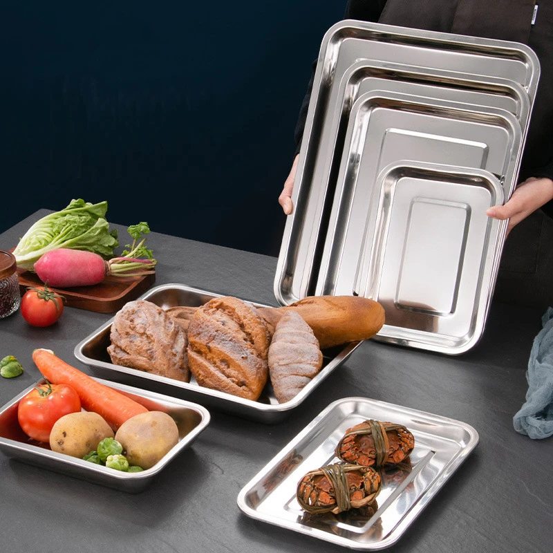 

Kitchen Stainless Steel Thicken Food Storage Tray Rectangle Sausage Fruits Dish Hotel Metal Dinnerware Baking Pastry Pans Plate