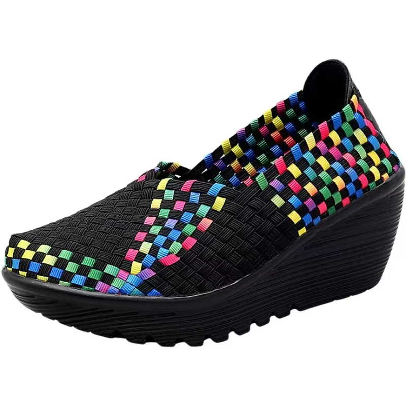 

Woman Spring Summer Hand Woven Wedges Shoes Thick Sole Non Slip Breathable Shallow Slip On Round Toe Lightweight Walking Shoes
