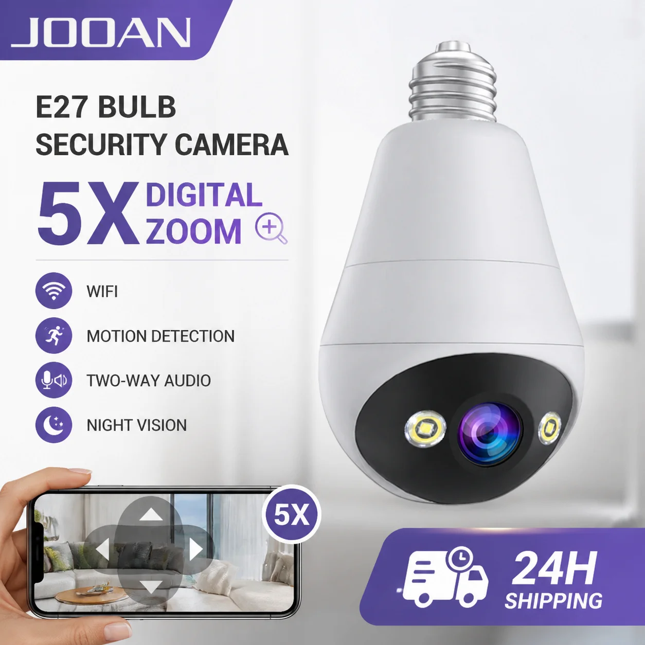 JOOAN 5MP Kabellose Glühbirnenkamera 360-Grad-Bewegungserkennung Nachtsicht 5X Zoom PTZ-Kamera Innen-Sicherheitsmonitor