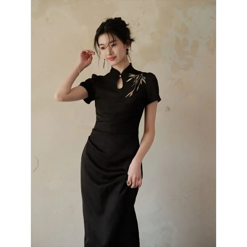 2025 Elegant Black White Bamboo Leaf Embroidered Cheongsam Dress 2000s Women's Ethnic Solid Color Hollow Slim Dresses Qipao