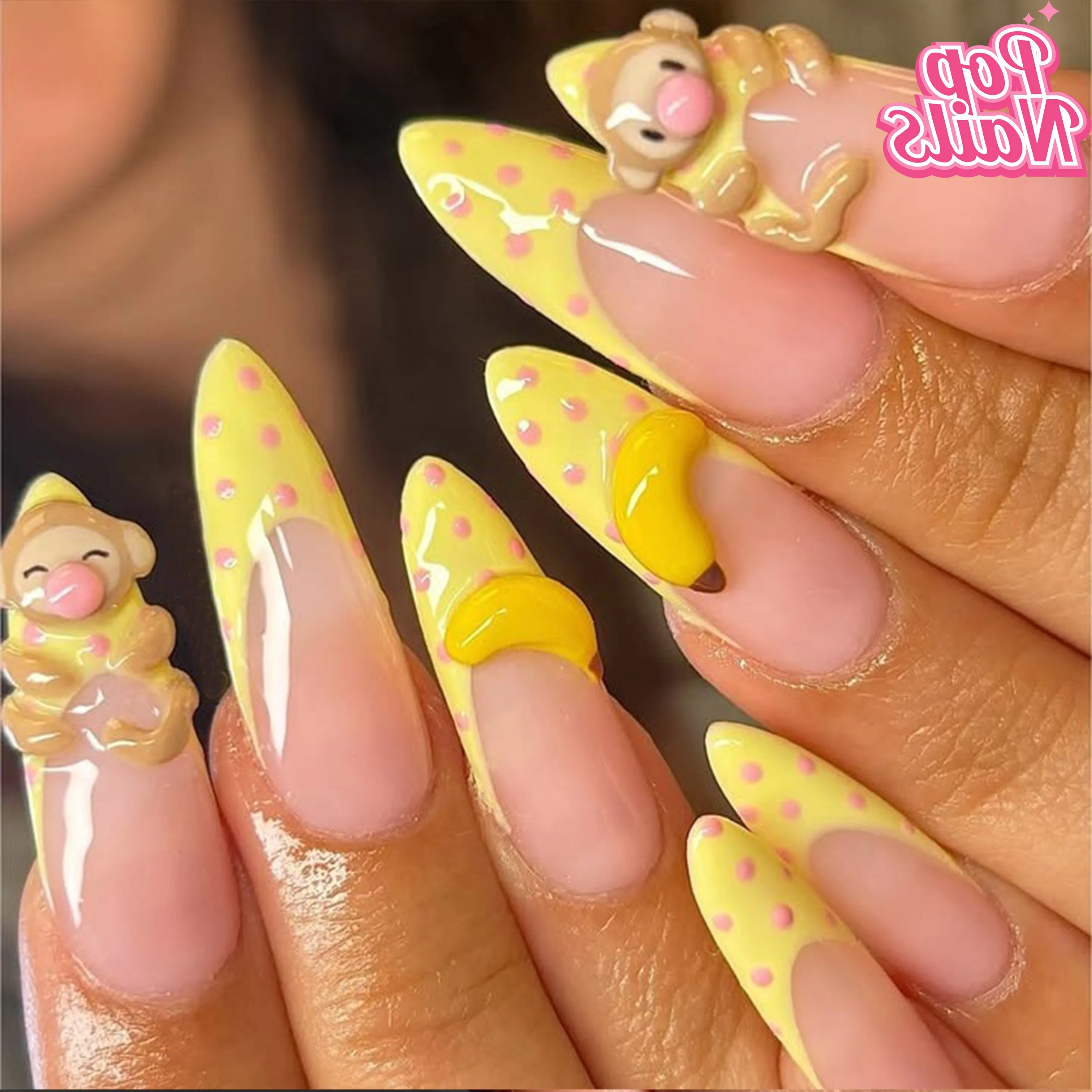 

10pcs Handmade Press on Nails 3D Monkey Yellow Banana Cute Nail Polka Dots Long Almond Press ons Fake Nail Acrylic Monkey Nails