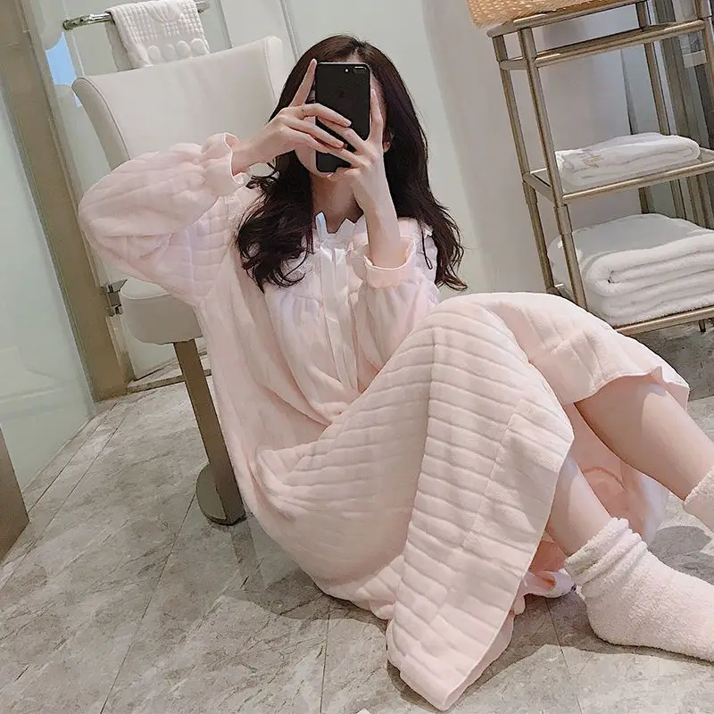 Winter Nightgowns Women Kawaii Peter Pan Collar Warm Loose Sleepwear Thicken Midi Popular Japan Style Girlish Leisure Nightdress