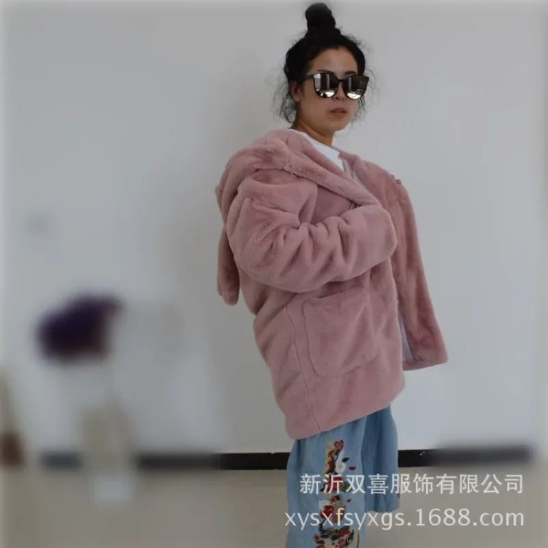 Winter Coat Women Long Artificial Rabbit Fur Hooded Jacket Korean Imitation Fur Coat