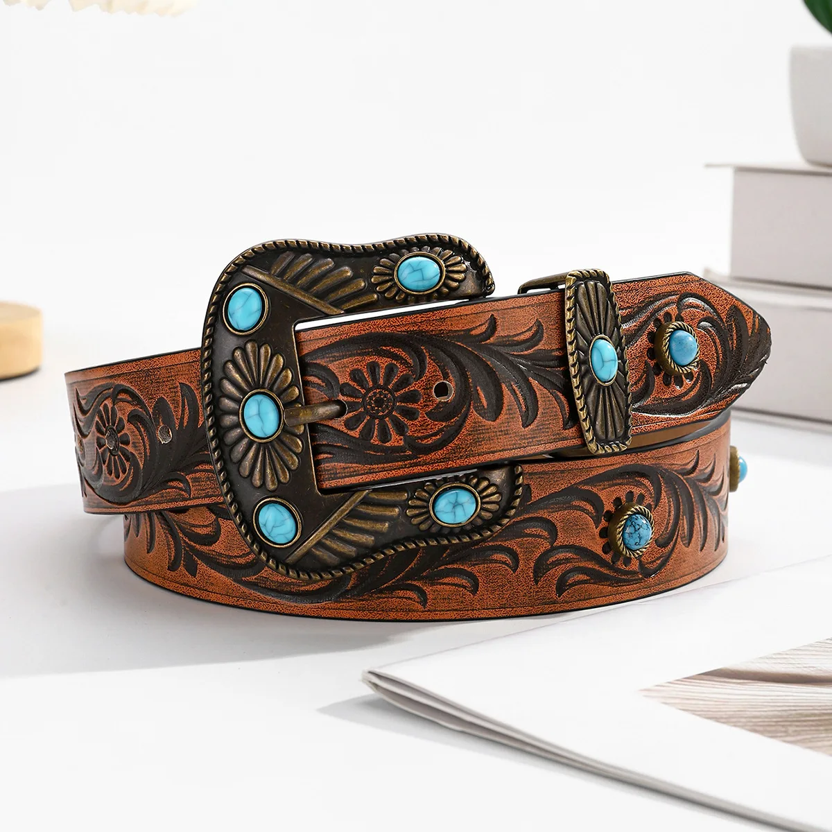 2025 Brown PU Leather Embossed Waist Belts Plus Size Jeans Strap for Women Vintage Turquoise Curving Buckle Ceinture Homme 115CM