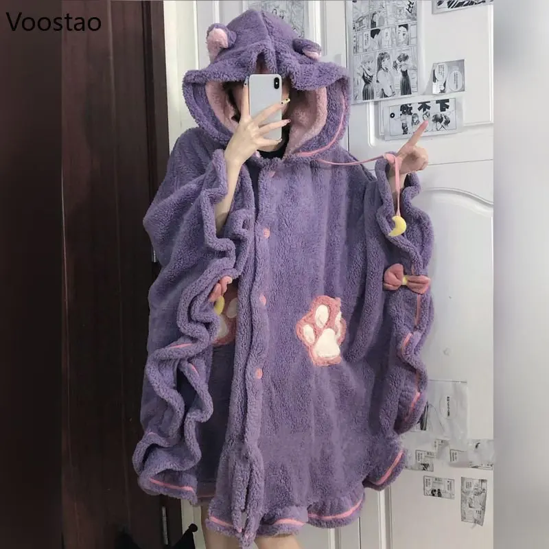 Autumn Winter Magic Cloak Pajamas Cute Cartoon Coral Fleece Robes Women Warm Nightgown Hooded Loose Sleepwear Girls Home Wear