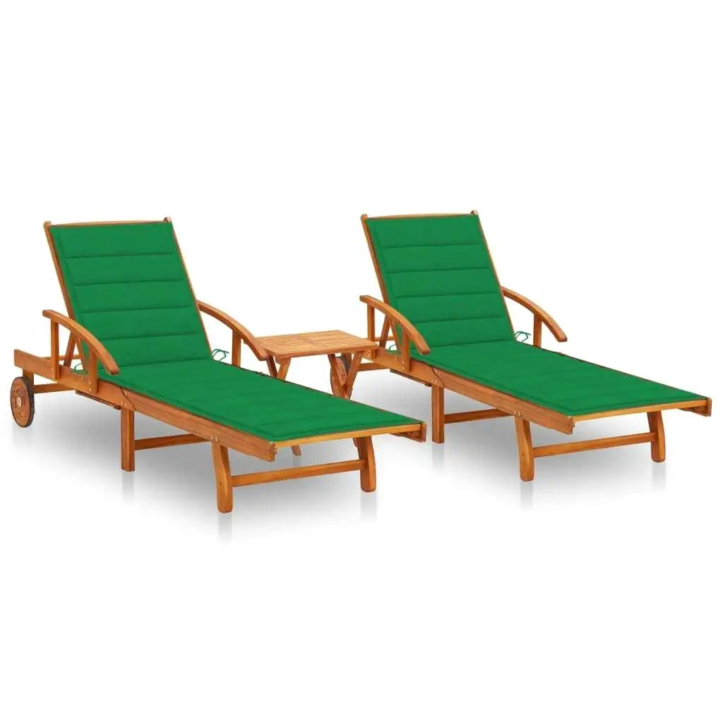 

Wooden Sun Lounger with Comfortable Green Cushions Adjustable Outdoor Recliner Garden Furniture