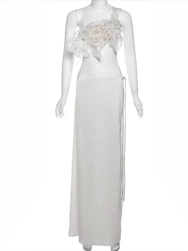 เซ็กซี่ 3D ดอกไม้ชุดกระโปรงผู้หญิง Slim Sequin Lace Up Crop Tops สูงแยกกระโปรงยาว 2025 ฤดูร้อน Lady วันหยุดชุด