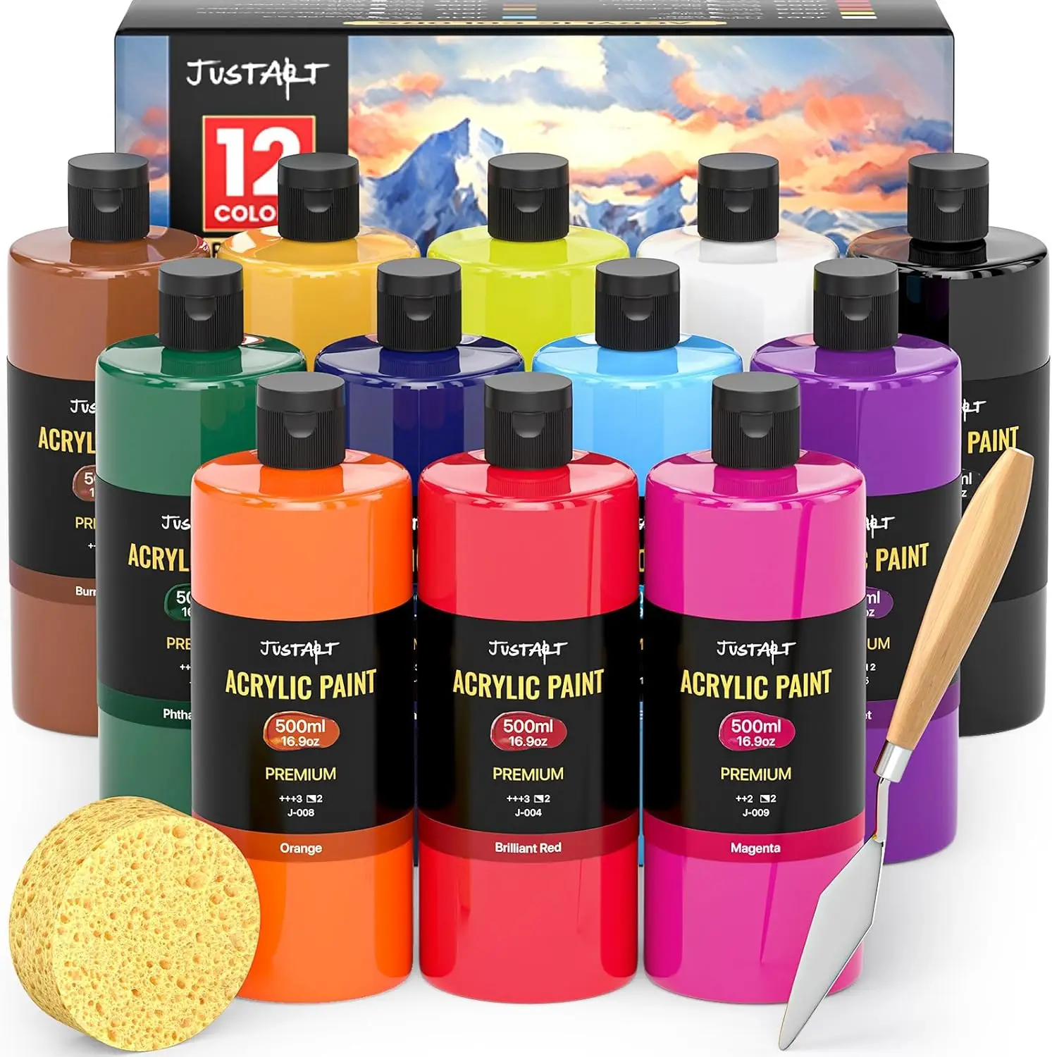 

12 Colors Acrylic Paint Set, 500ml Large Bottles, Rich Pigmented for Artists and Beginners on Canvas Wood Crafts