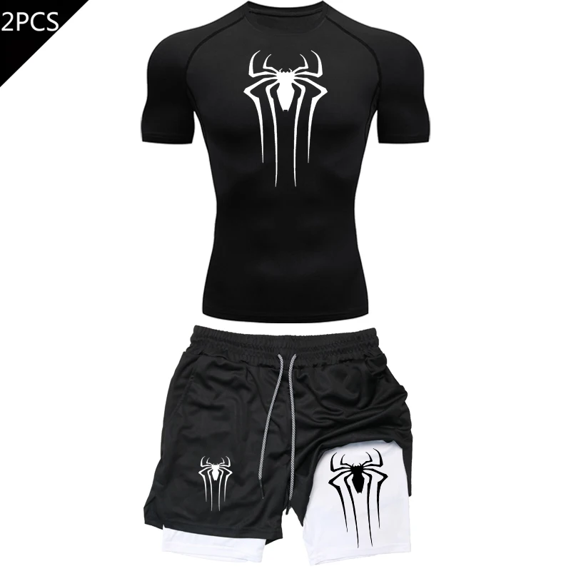 

Men's Compression Clothing Sports Fitness Quick-drying Clothing Tight Short-sleeved Anime Double-layer Shorts Summer Suit S-3XL
