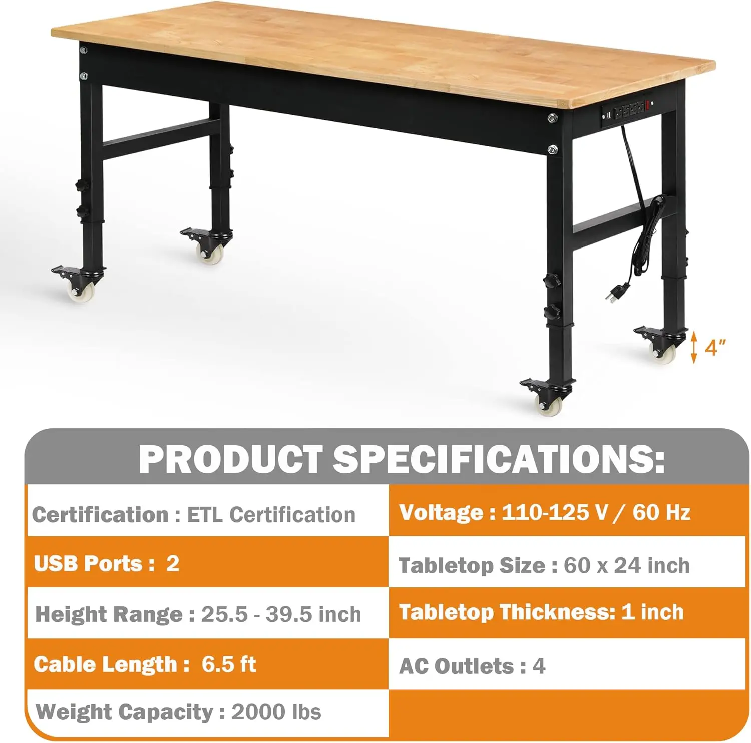 60" Adjustable Workbench for Garage, Rubber Wood Heavy Duty Workstation with Power Outlets & Wheels, 2000 LBS Load