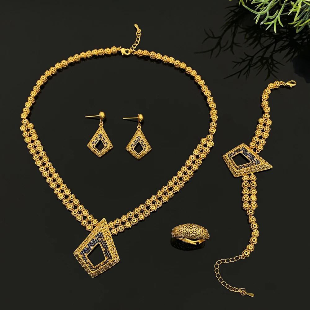 

JRH UAE Vintage Geometric Gold Plated Copper Zircon 4Pcs Set Women Bracelet Ring Necklace Earrings