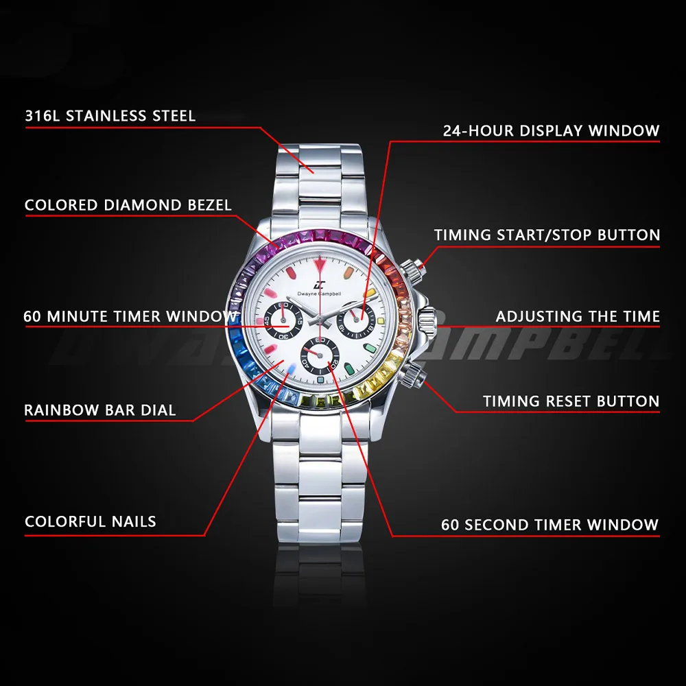 Regenboog Bezel Multifunctionele Quartz Horloges Dwayne Campbell Roestvrij Stalen Horloge VK63 Quartz Saffierglas Horloge Man