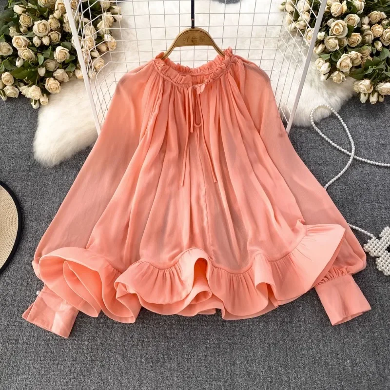 Blus Ruffles O-neck musim semi musim gugur 2024 kemeja sifon manis Korea blus wanita lengan lampion Y2k blus longgar wanita