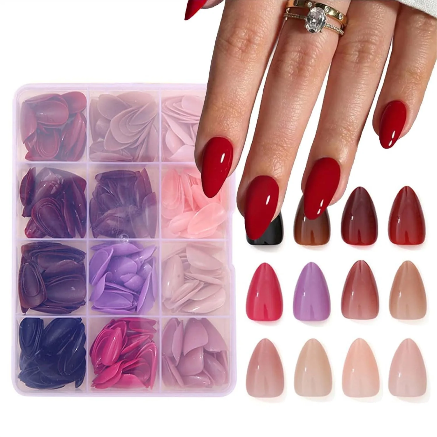 

360Pcs Short Almond Press on Nails Solid Color Glossy Acrylic Fake Nails for Women Girls Daily Wear Manicure 15 Sizes 12 Colors