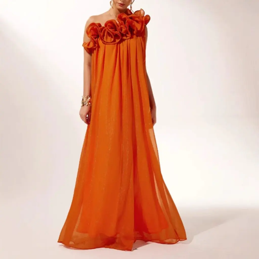 Women's Three-Dimensional Flower Pleated Shoulder Dress Summer Backless A-Line Midi Skirt European Style Casual Fashion