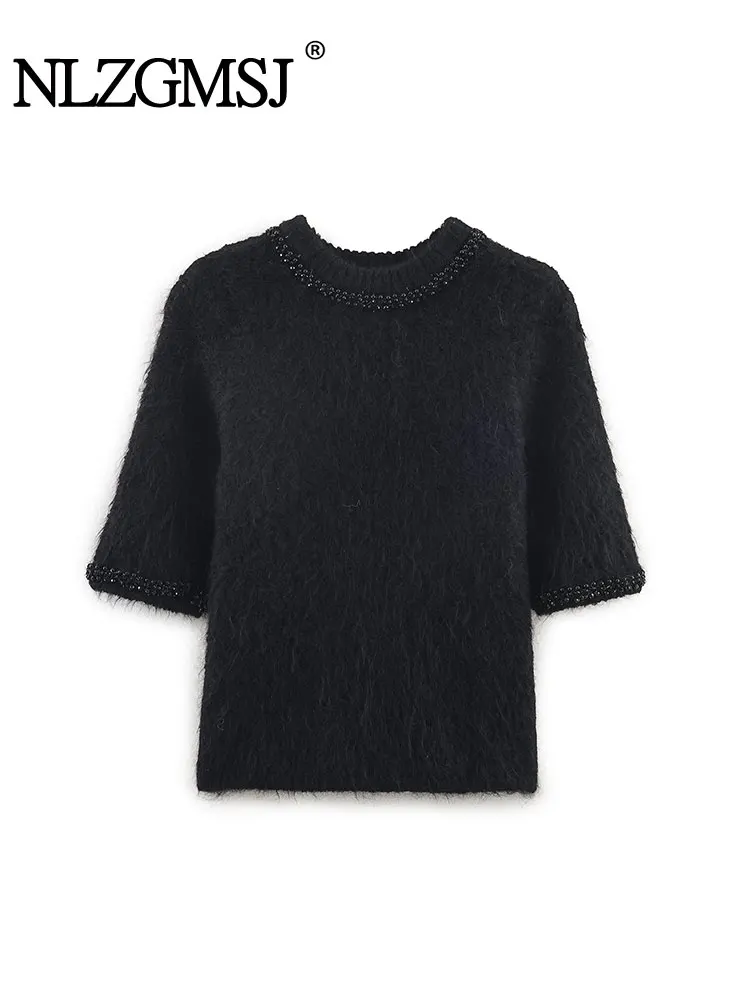 

NLZGMSJ Women's Solid 2026 Spring Autumn Fashion Jewelry Decoration Knitted Short sleeved Sweater For Women Slim Casual Tops