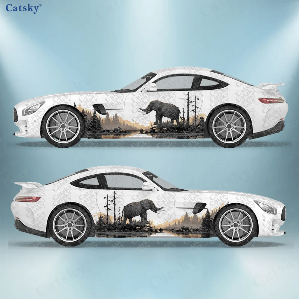 

2pcs Landscape Elephant Car Side Wraps, Self-Adhesive PVC Waterproof & Scratch-Resistant Stickers, Car Accessory Gift