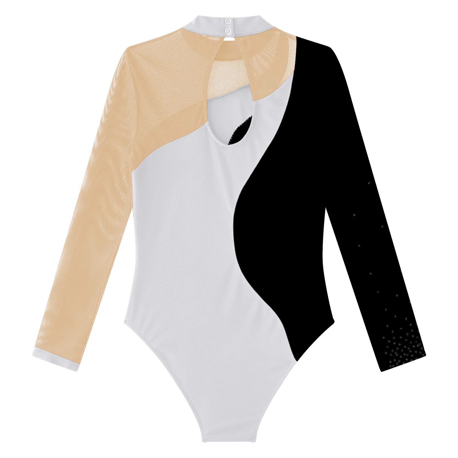 Kids Girls Ballet Gymnastics Leotards Bronzing Mesh Long Sleeve Bodysuit Metallic Contrast Figure Ice Skating Jumpsuit Dancewear