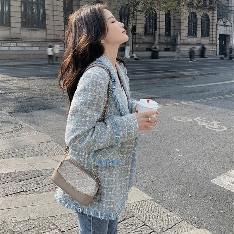 2026 Blue Small Fragrant Style Suit Jacket Women's Spring Autumn New Good-looking Burr Thousand Bird Grid Suit Outerwear