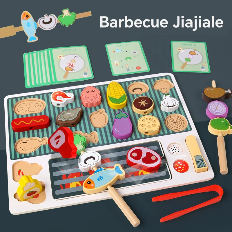 

Montessori Wooden Pretend Play Kitchen Toys Dessert Puzzle Toys Simulation Barbecue Pretend Role Indoor Game For Toddlers Age 3+