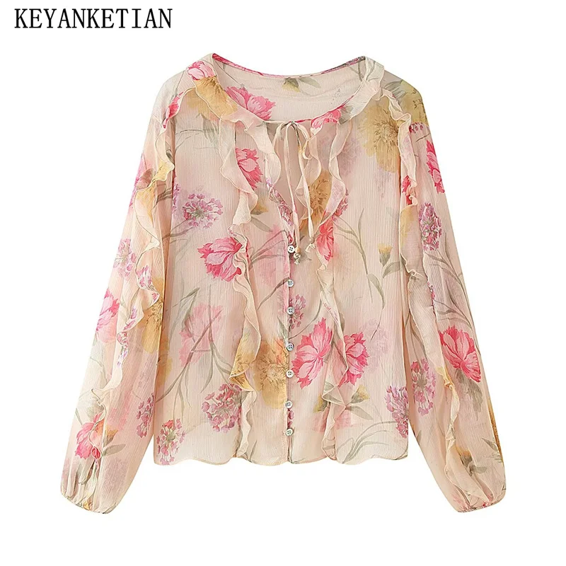 KEYANKETIAN 2025 صيف جديد المرأة الجولة الرقبة واحدة الصدر كشكش حافة الدانتيل يصل الأزهار طباعة قميص المرأة