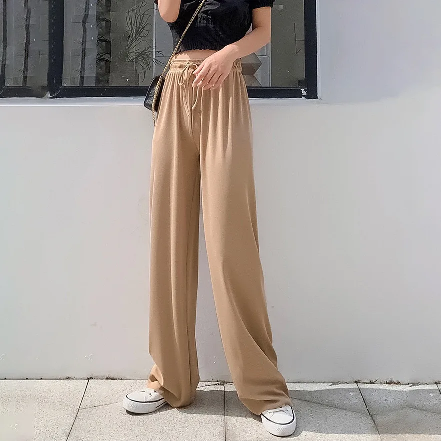 Women Pants New Spring Summer Ice Silk Wide Leg Pants High Waist Casual Female Slim Loose Straight Black Trousers