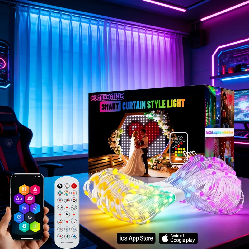 RGB LED Curtain Lights DIY Pixel Pattern String Lights with Mobile App Remote for Bedroom Outdoor Wedding Party Decor Set