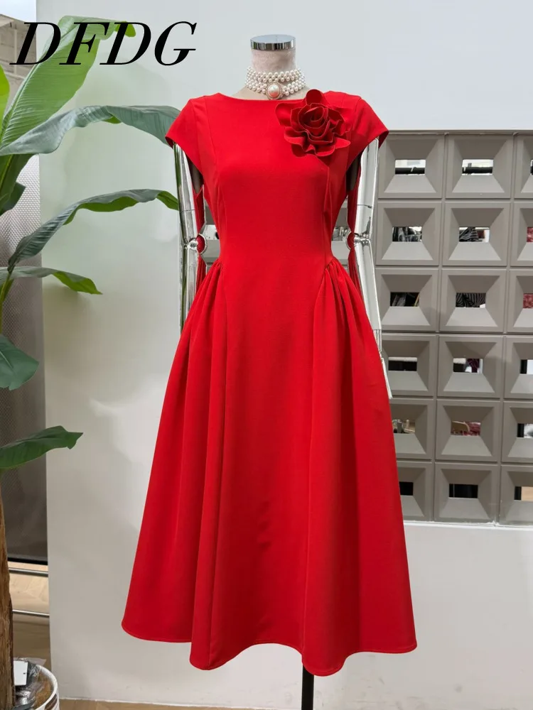 

DFDG 2025 Women’s Designer 3D Floral A-Line Maxi Dress Elegant Solid Color Slimming Waist Evening Spring Summer Party Dress