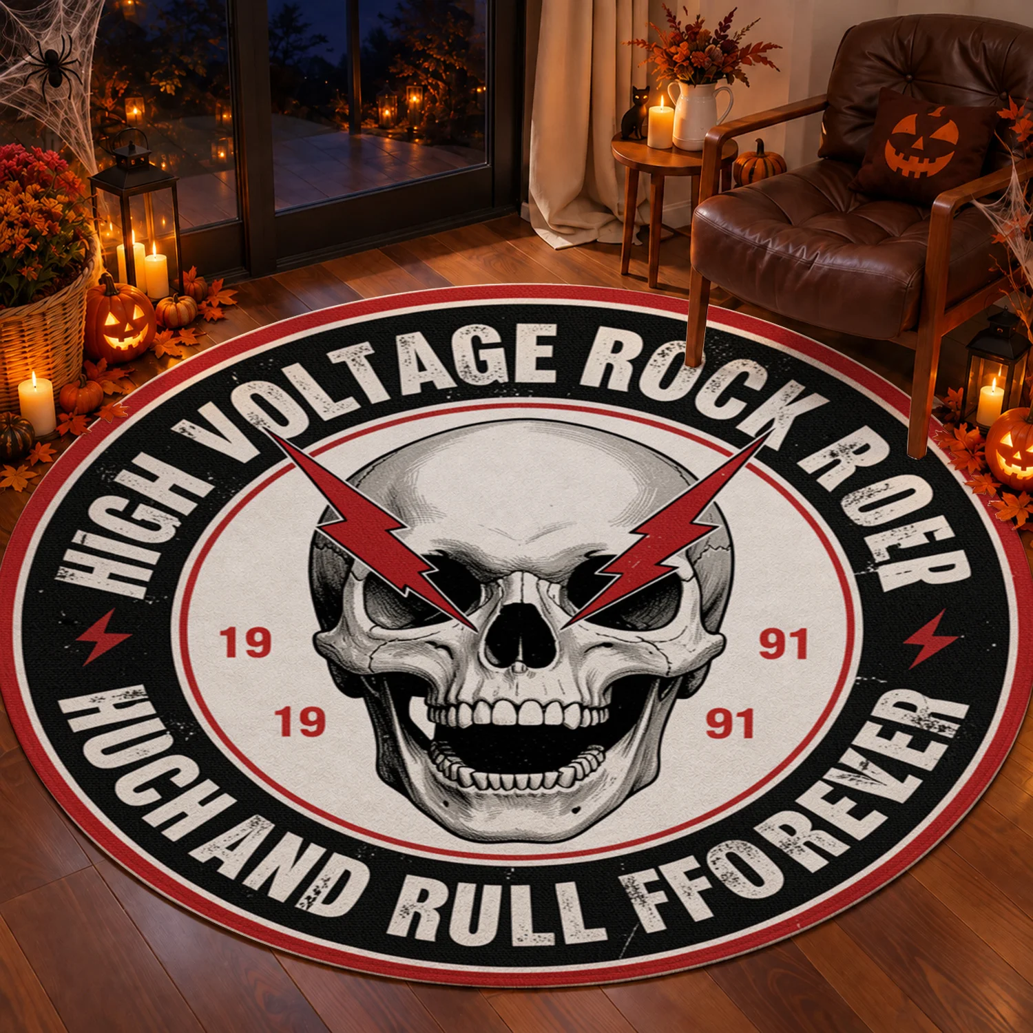 Skull Lightning Rock Roll Pattern Velvet Rug, Machine Washable Soft Plush Floor Mat, Ideal for Living Room, Bedroom, Game Room, Great for Halloween, Thanksgiving, Black Friday, Christmas, New Year Home Decor, Durable Comfort Floor Accent