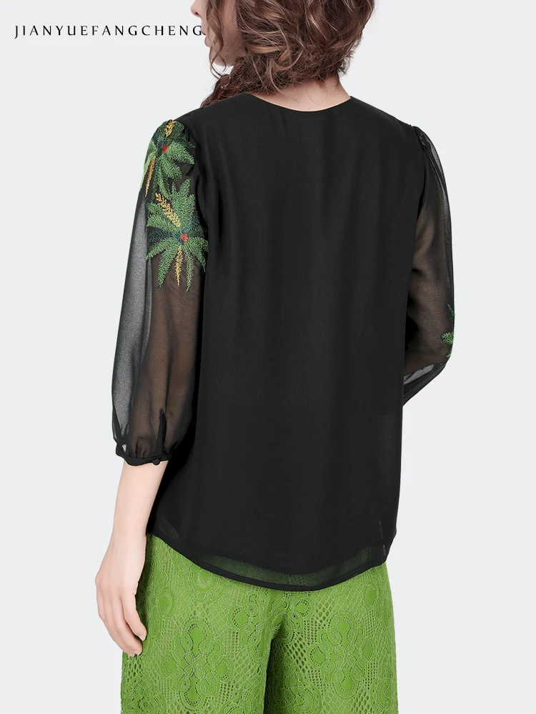 Fashion Embroidered Black Chiffon Blouse Women Loose Plus Size Summer Tops V-Neck See Through Lightweight Tulle Shirts