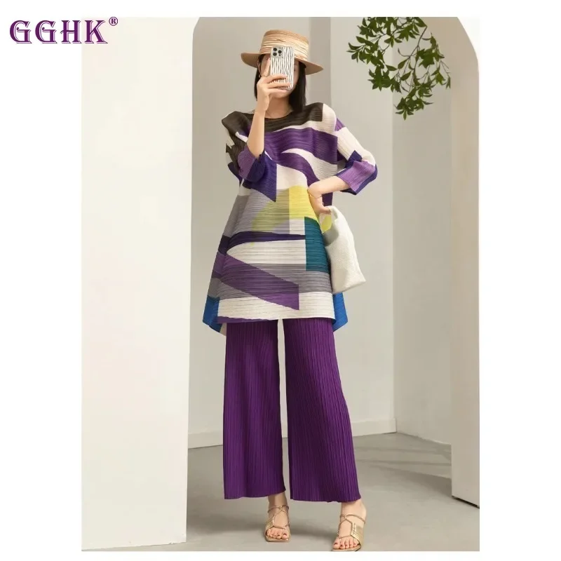 GGHK 2 Pieces Sets for Women Loose Long Color Block Shirt with Wide Leg Pants Female Fashion Clothing 2025 Spring New