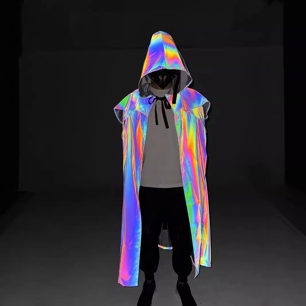 

Reflective Long Cloak Hoodie Men Nightclub DJ Singer Stage Performance Party Rave Outfit Halloween Cosplay Anime 2026