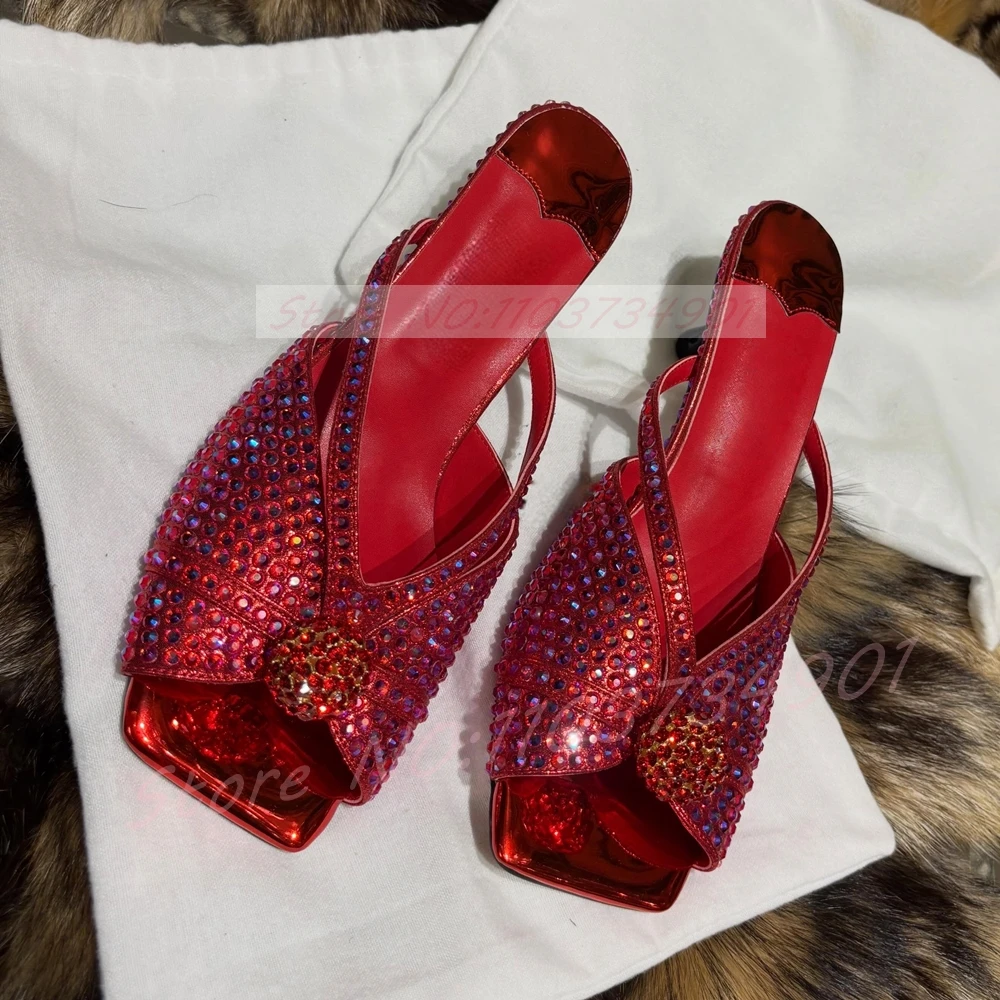 Women's 6CM Heeled Mules Colored Crystals Ball Red Metallic Square Toe Mules Luxury Outside Night Party Dress Shoes