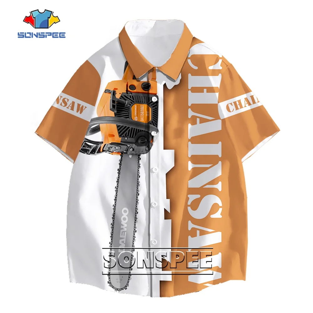 SONSPEE Summer Chainsaw Tool 3D Printing Botton Shirt Lumbering Men Women's Sawing Machine Tops Short Sleeve Hip Hop Blouse