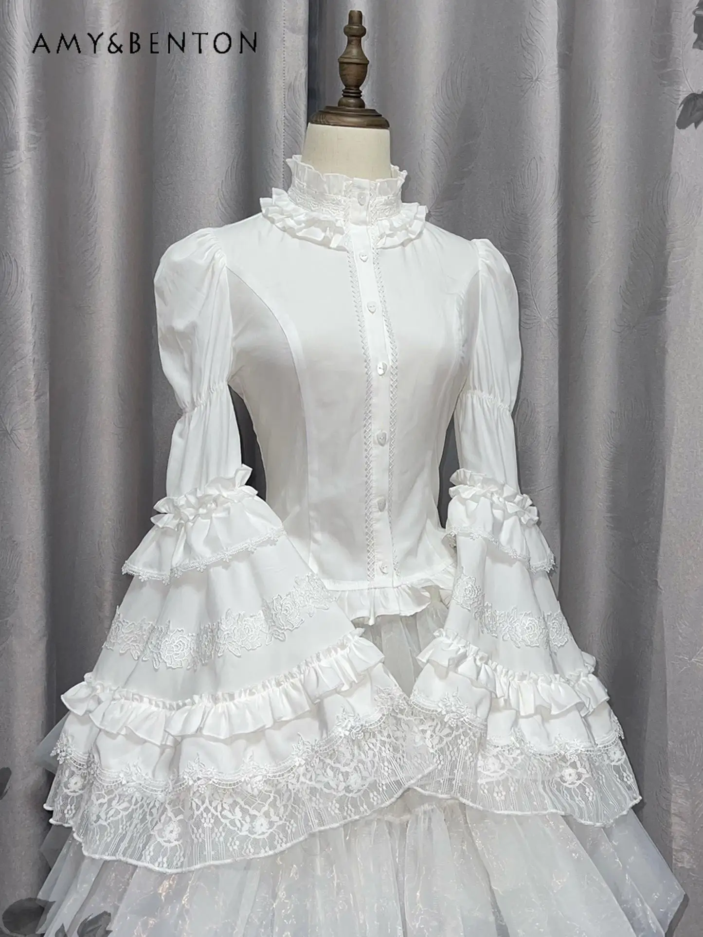 

British Vintage Lolita Shirt Gorgeous Lace Print Splicing Flared Sleeve Shirt Women Subculture Gothic Slim White Womens Tops