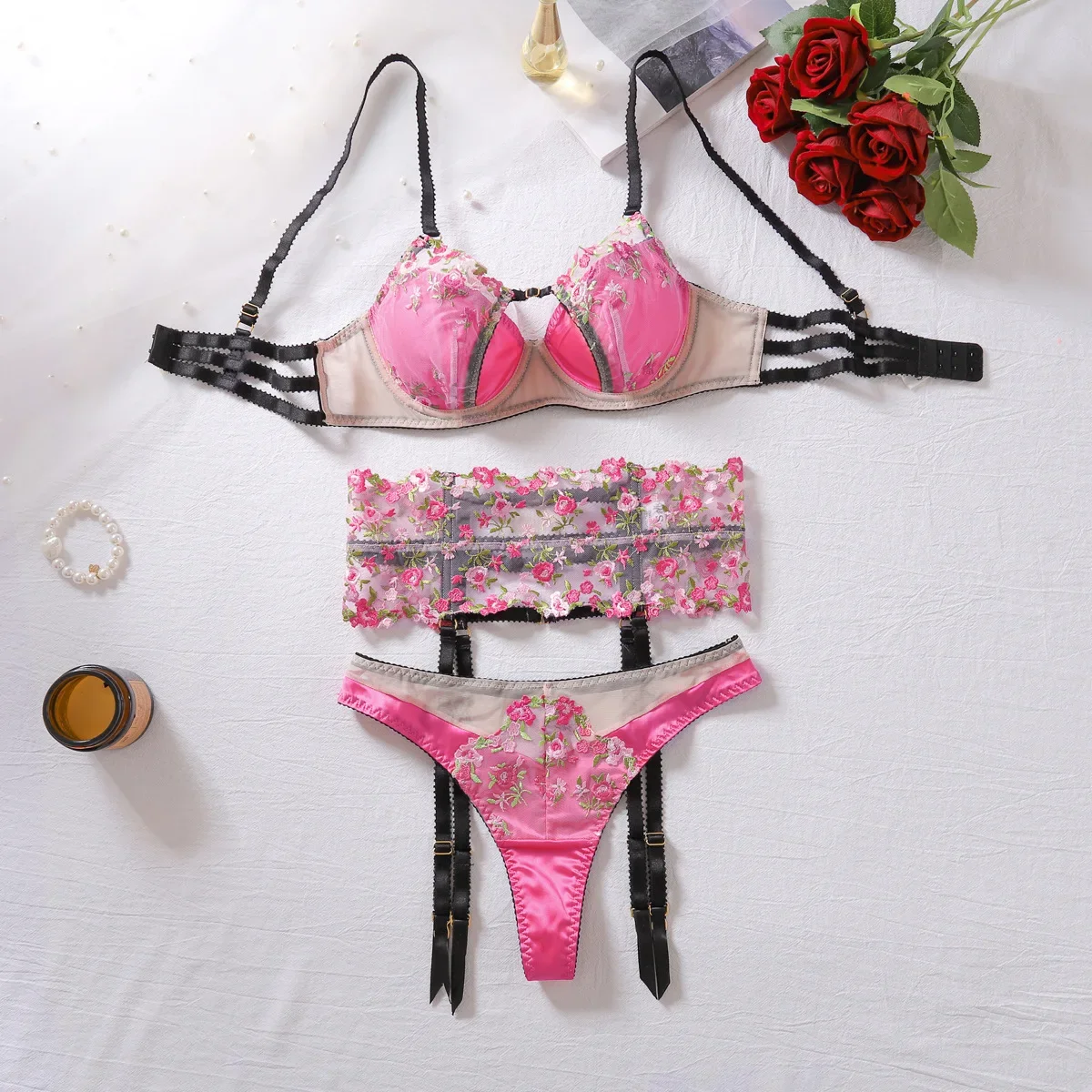 

Flower Lace Exotic Set Women Thin See Through Lingerie Bra Set Elegant Ladies Micro Bikini Thong Underwear Exotic Apparel