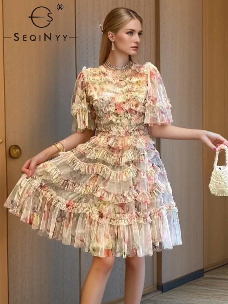 SEQINYY Elegant Mini Dress Summer Spring New Fashion Design Women Runway Short Sleeve Vintage Flower Print Mesh Ruffles Party