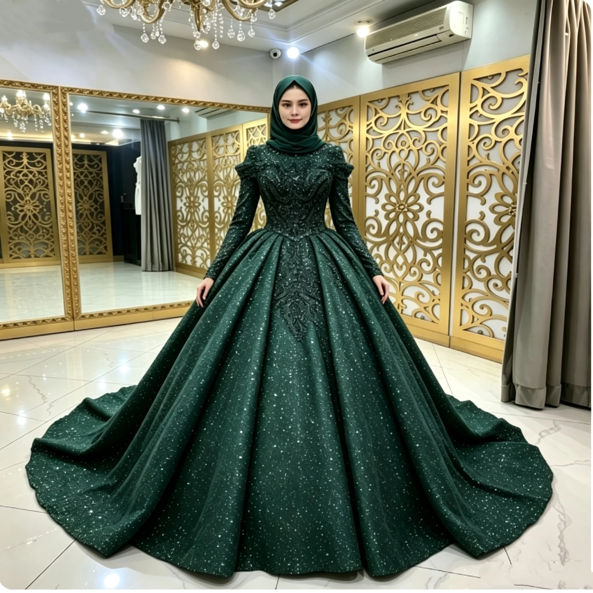Custom Dark Green High Neck Long Sleeve Muslim Wedding Dress Heavy Lace Beaded Glitter Ball Gown With Hijab Vestido De Novia