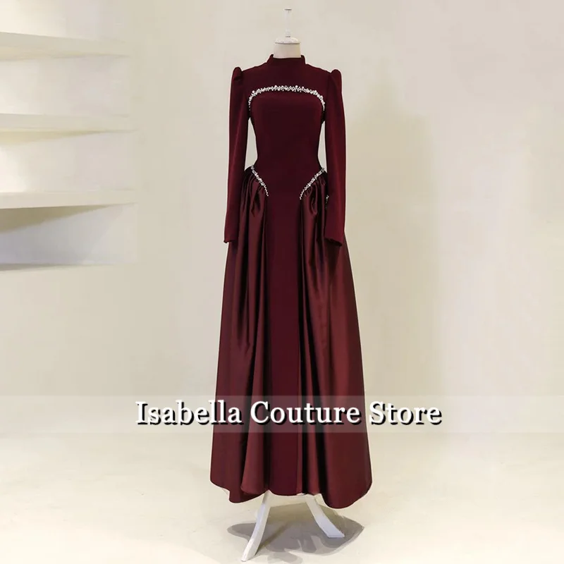신상 이브닝 드레스 맞춤 제작 하이넥 긴팔 크리스탈 진주 A라인 정장 드레스 아라비아 프롬 가운