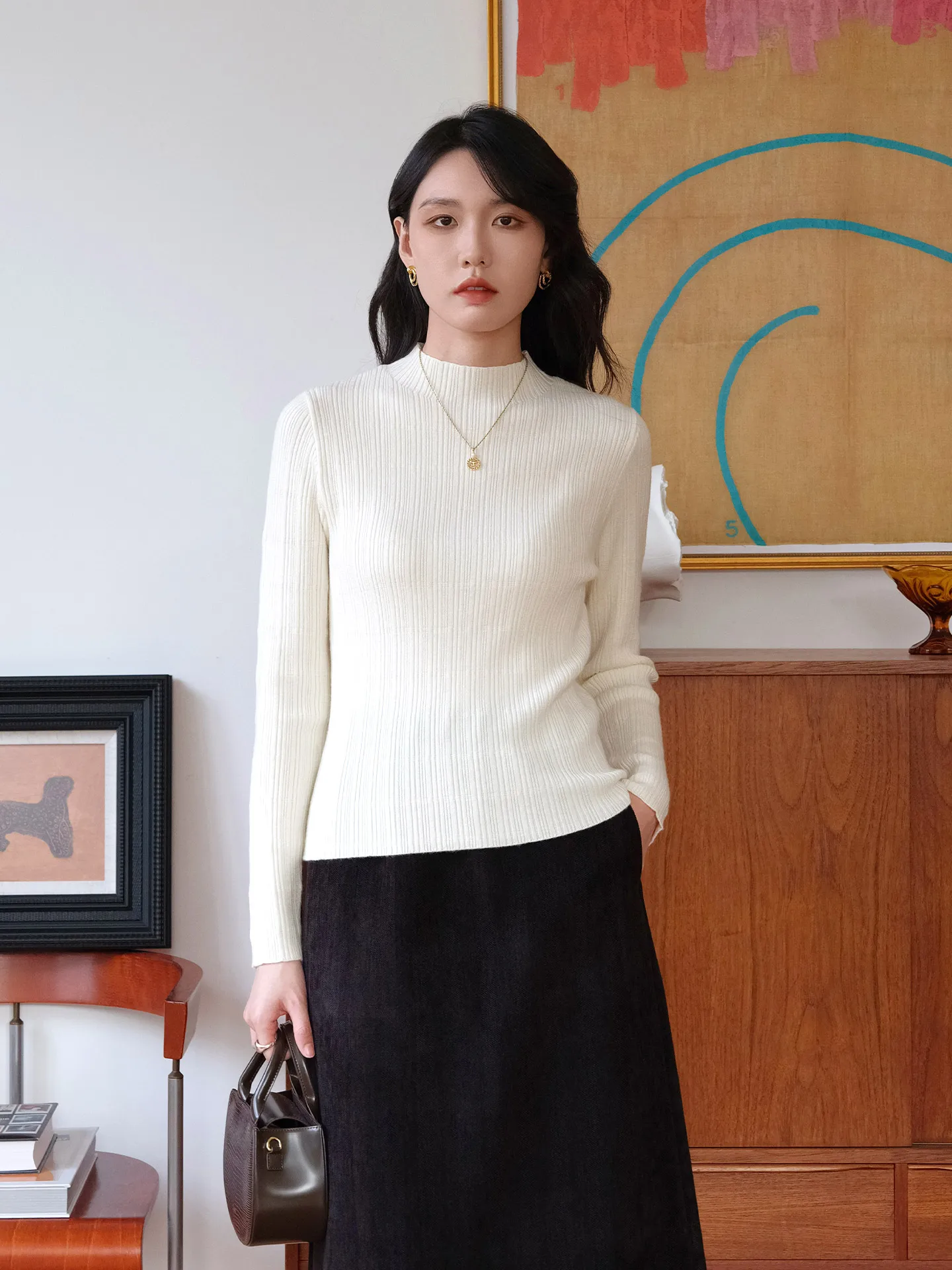 

Белый женский трикотаж с высоким воротником, зимняя шерстяная верхняя одежда, мягкий полиэфирное волокно, бамбуковая текстура, стандартный крой, длинный све