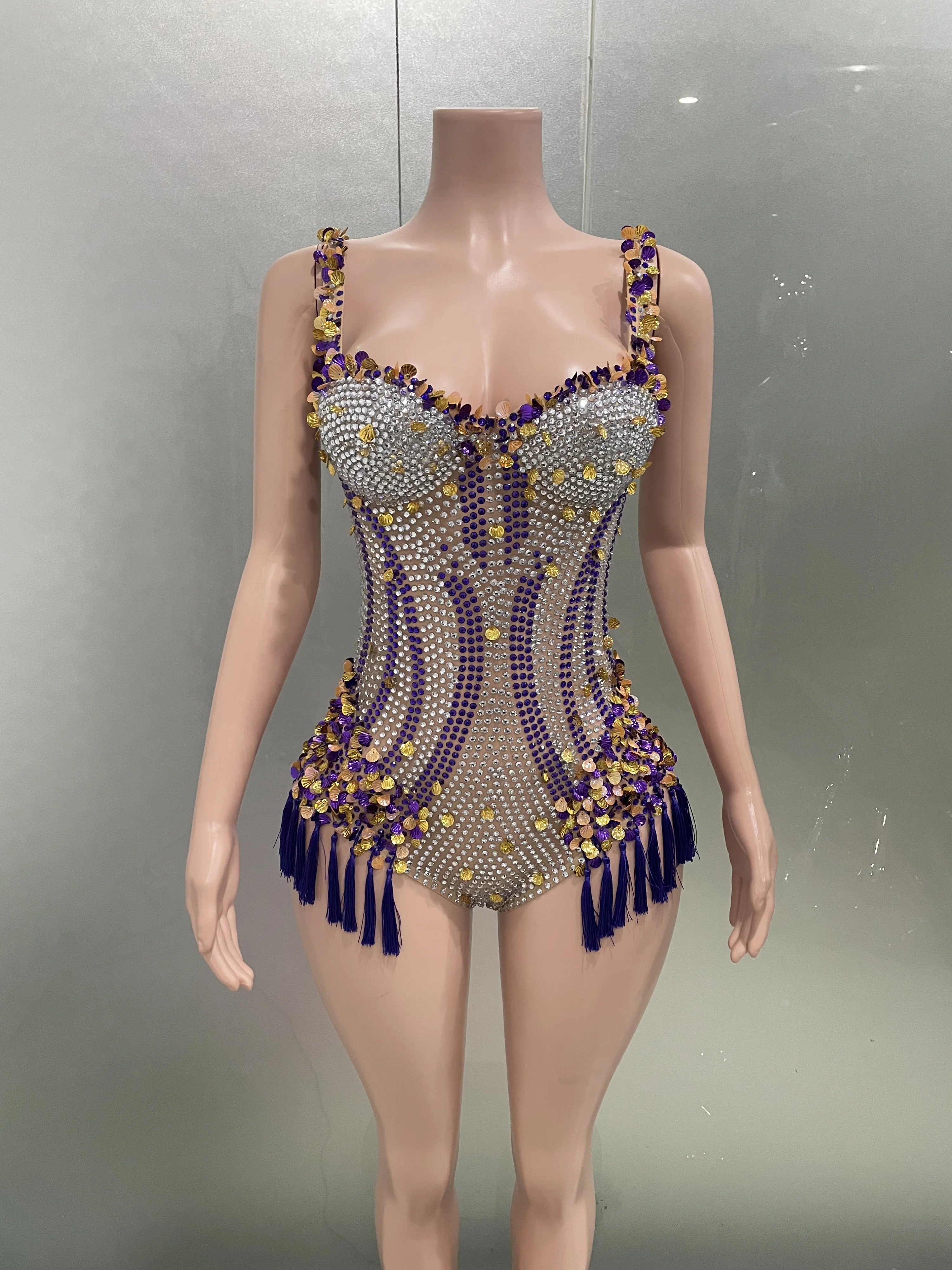 Sexy Luxury Colorful Rhinestones Sequins Shell Sleeveless Stretch Bodysuit Women Evening Birthday Party Dance Singer Stage Gowns