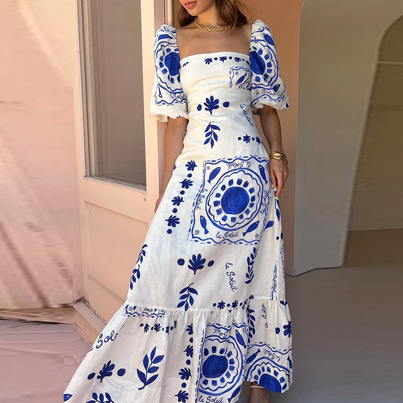 Summer Pattern Print Holiday Beach Dress Elegant Puff Sleeve Temperament Party Dress Fashion Square Neck High Waist Long Dresses