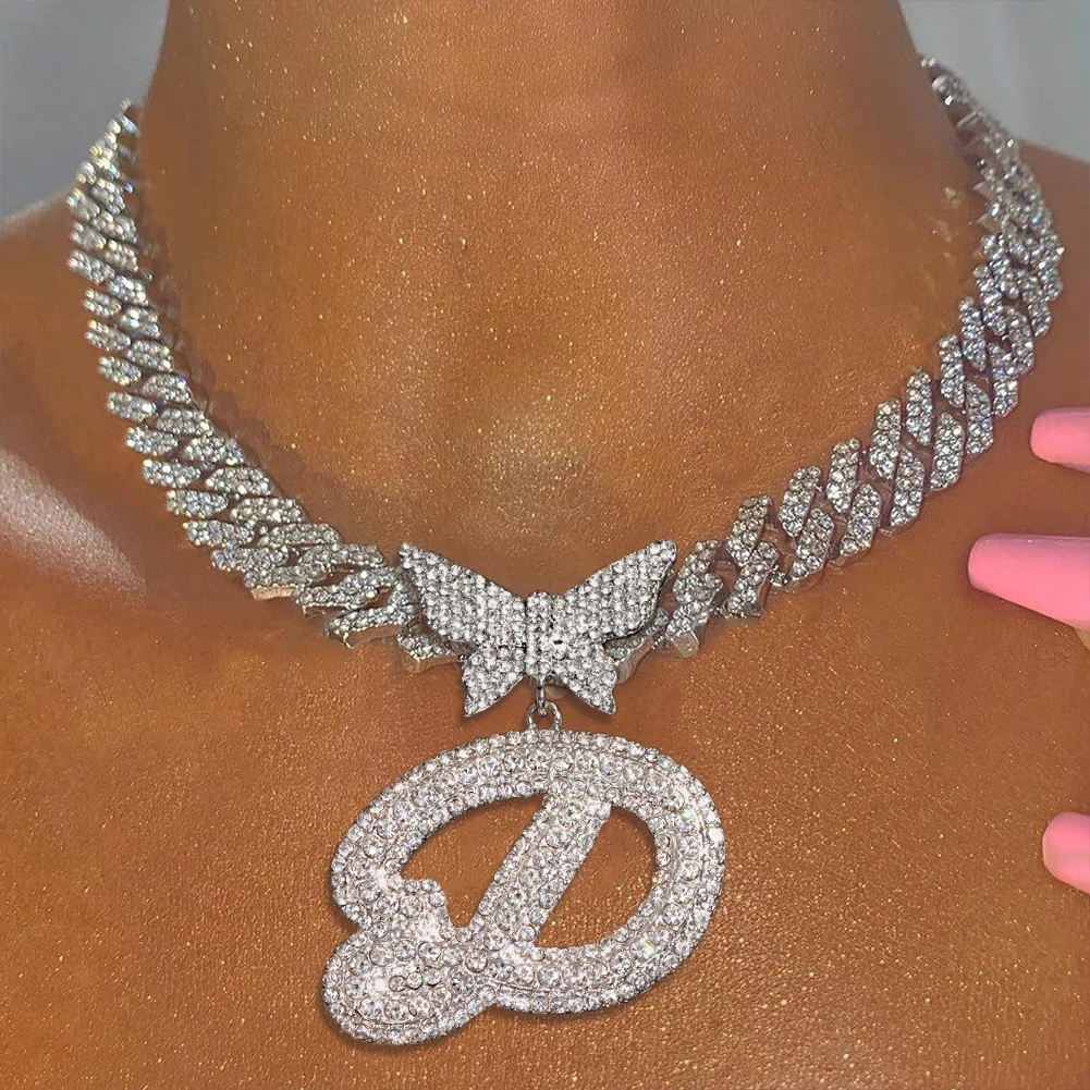 A-Z Initial Necklace for Women, Butterfly Pendant Cuban Chain, Gold Silver Color Rhinestone Iced Out Letter Jewelry