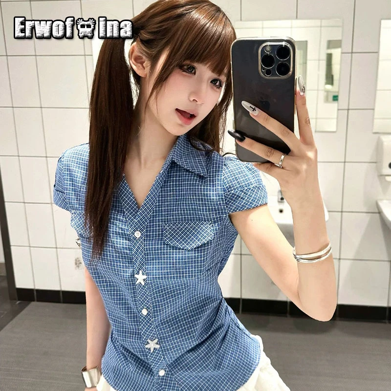 Erwofeina Preppy Style Blue Plaid Shirts And Blouses Women's Sumer Clothes Short Sleeve Special Button 2000s Y2k Shirt Vintage