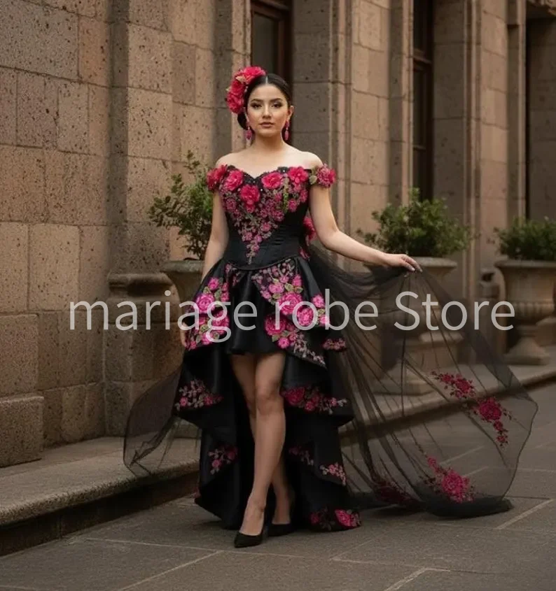 High-Low Mexican Folkloric prom party dancing Dress Sheer Tulle Train Black with Fuchsia Floral charro evening gown customized